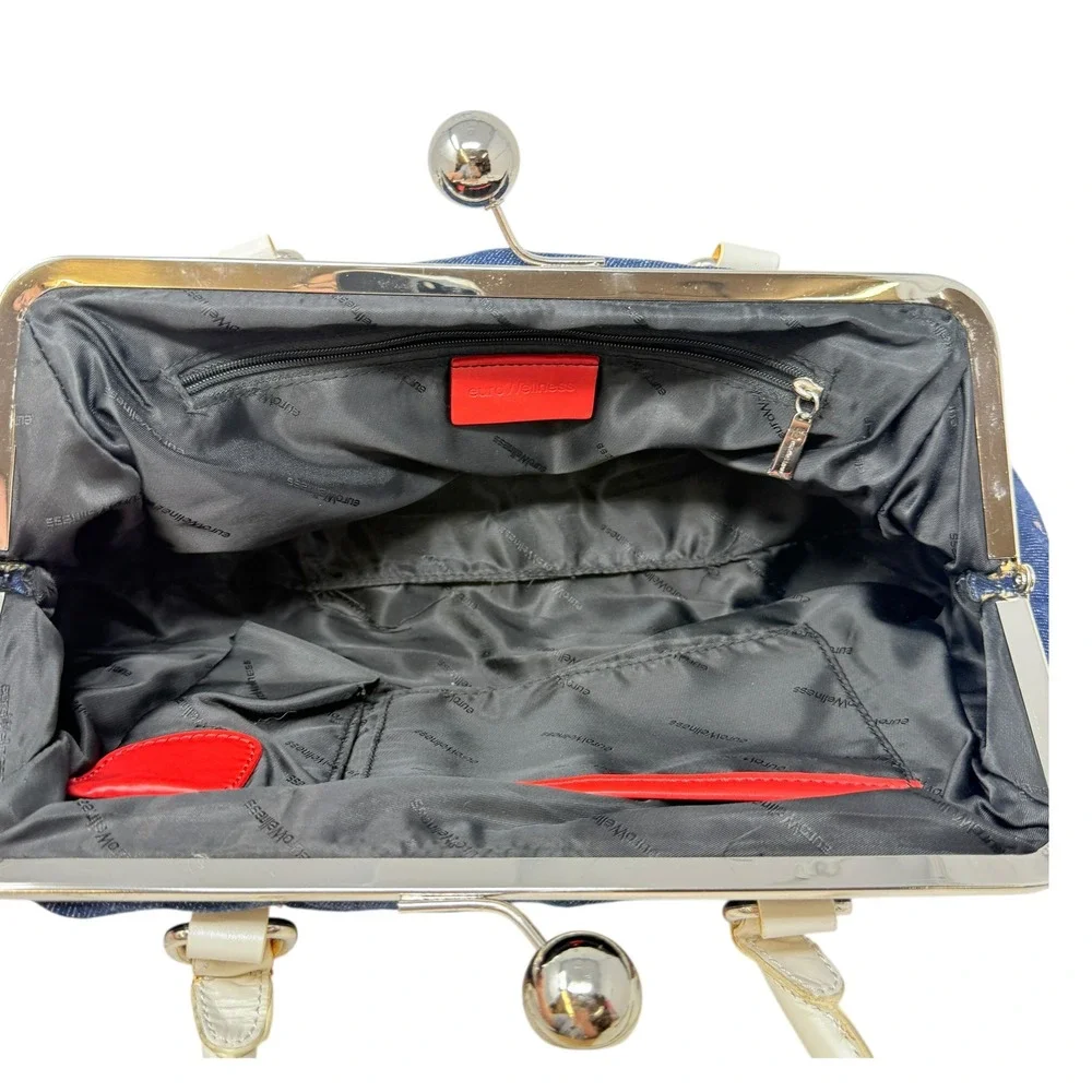 Euro Wellness Women's Purse Y2K Denim Red White Blue Studded Kiss‎ Lock